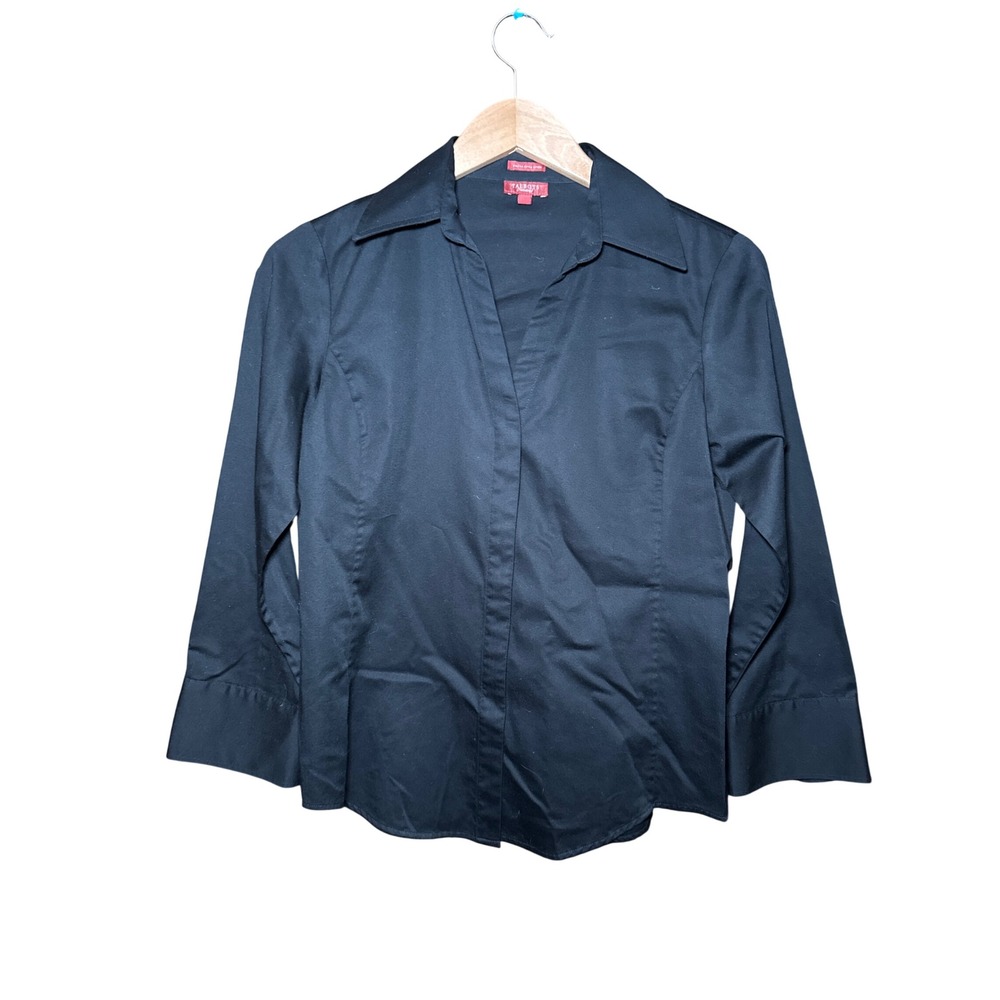 Talbots Haberdashery Black Stretch Cotton Sateen 3/4 Sleeve Button Down Blouse 6